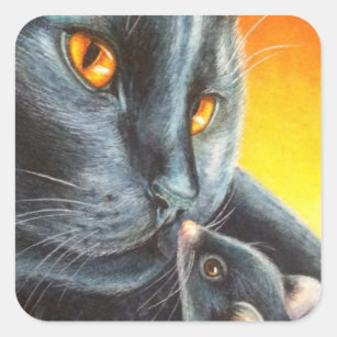 Halloween Black Cat & Black Mouse Watercolor Art  Square Sticker
