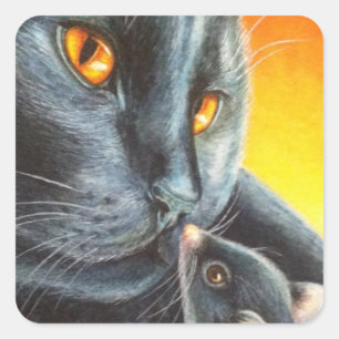 Halloween Black Cat & Black Mouse Watercolor Art Square Sticker