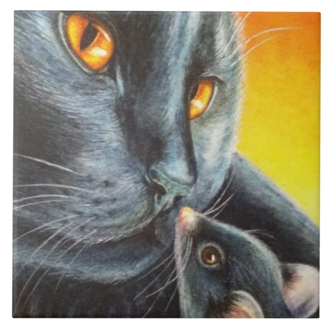 Halloween Black Cat & Black Mouse Watercolor  Ceramic Tile (Front)