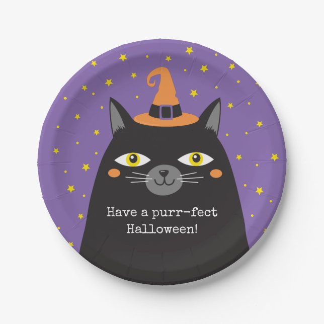 Halloween Black Cat Card Paper Plates (Front)