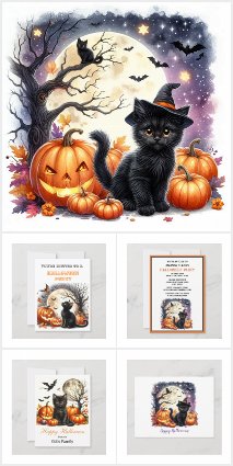Halloween Black Cat Cards Decor and Gifts