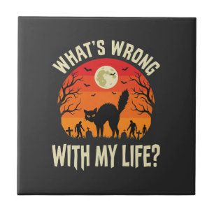 Halloween Black Cat Cemetery Horror Graphic Ceramic Tile