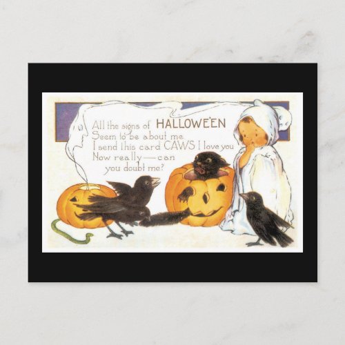 Halloween Black Cat Child and Crow Postcard