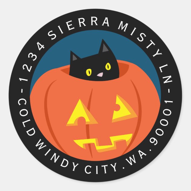 30 Custom Black Cat in Pumpkin Stamp Art Personalized Address Labels 