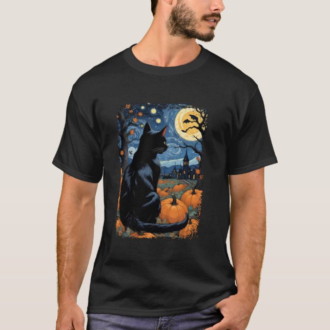 Halloween Black Cat Costume Starry Night Moon Autu T-Shirt (Front)