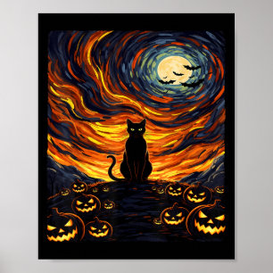 Halloween Black Cat Costume Van Gogh Starry Night Poster