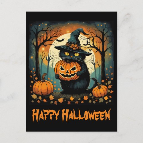 Halloween Black Cat Creepy Pumpkin Full Moon Postcard