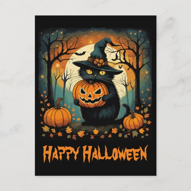 Halloween Black Cat Creepy Pumpkin Full Moon Postcard (Front)