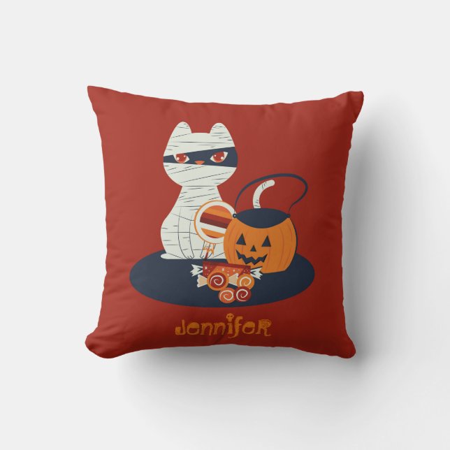 Halloween Black Cat Disguised of Mummy Throw Pillow (Front)