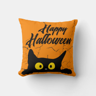 Halloween Black Cat Distressed Texture Orange Throw Pillow