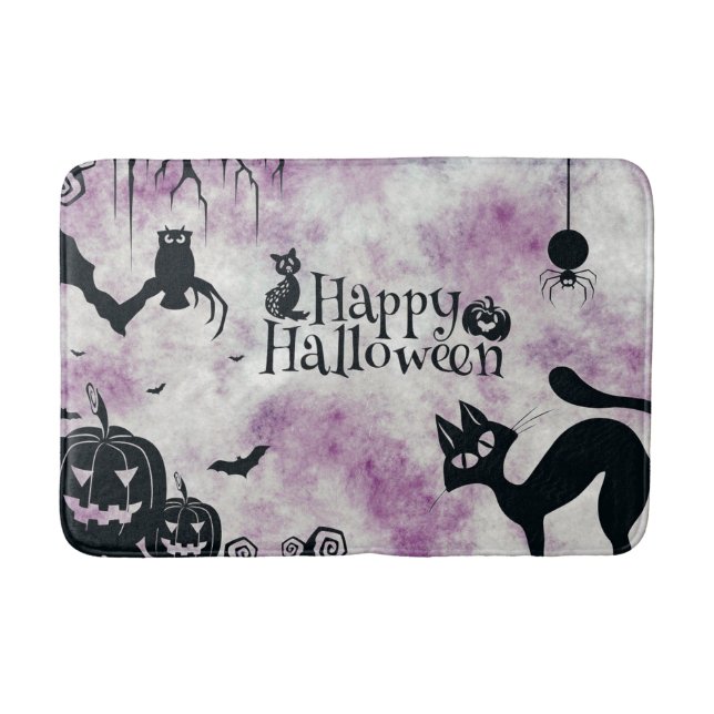 Halloween Black Cat Evil Pumpkins Scary Owls Pink Bath Mat (Front)