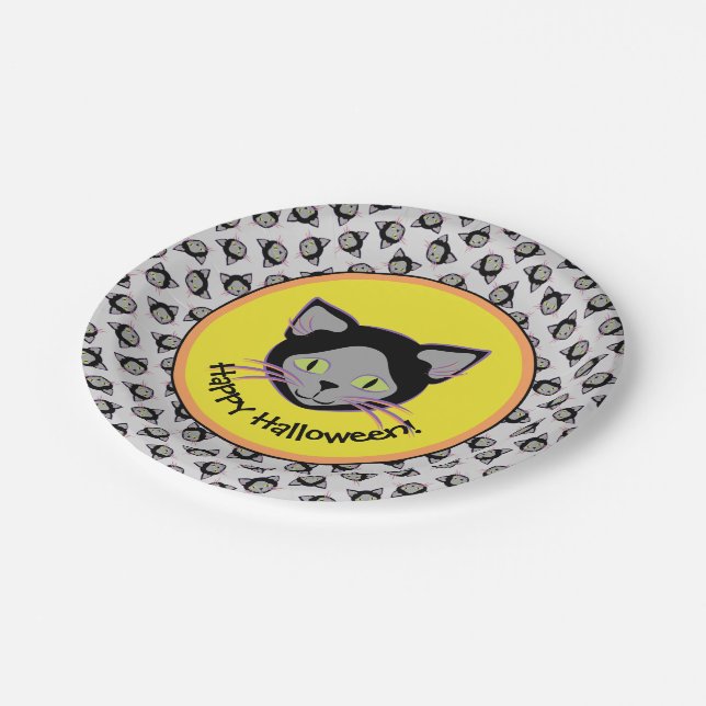 Halloween Black Cat Face Pattern Paper Plates (Angled)
