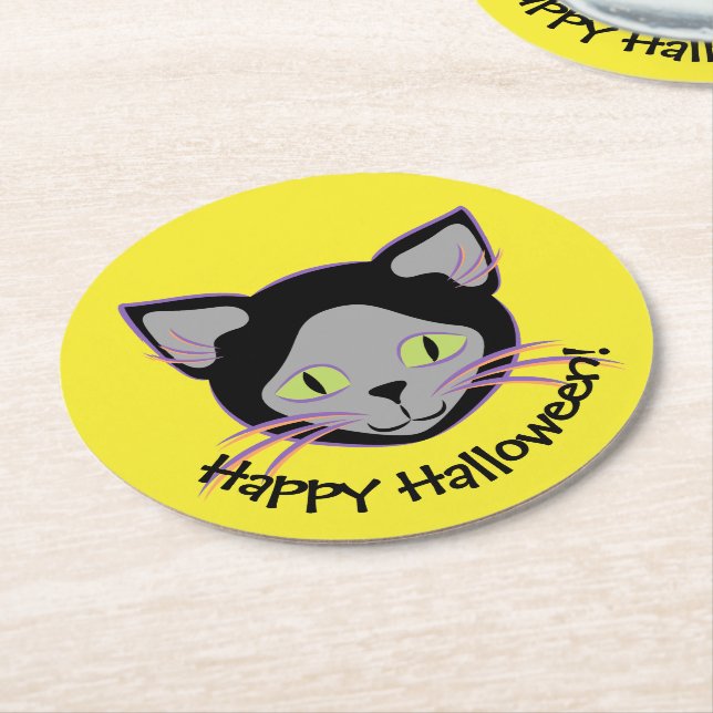 Halloween Black Cat Face Round Paper Coaster (Angled)