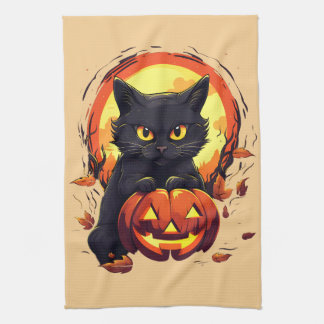 Halloween Black Cat, Fall Leaves,  Kitchen Towel