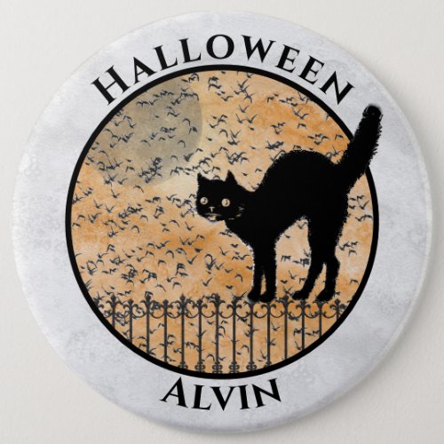 Halloween Black Cat Fence Orange Grunge BG Button