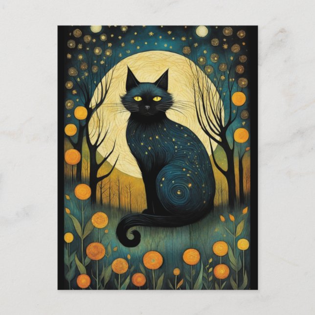 Halloween Black Cat Forest Floral Full Moon Postcard (Front)