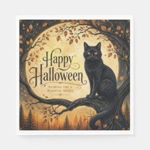 Halloween Black Cat Full Moon Tree Napkins