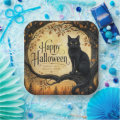 Cat Paddle Design Halloween Black Cat Full Moon Tree Paper Plates | Zazzle