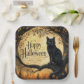 Tree Vs Tree Comp Halloween Black Cat Full Moon Tree Paper Plates | Zazzle
