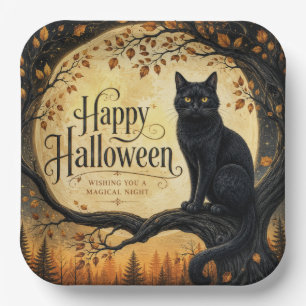 Halloween Black Cat Full Moon Tree Paper Plates