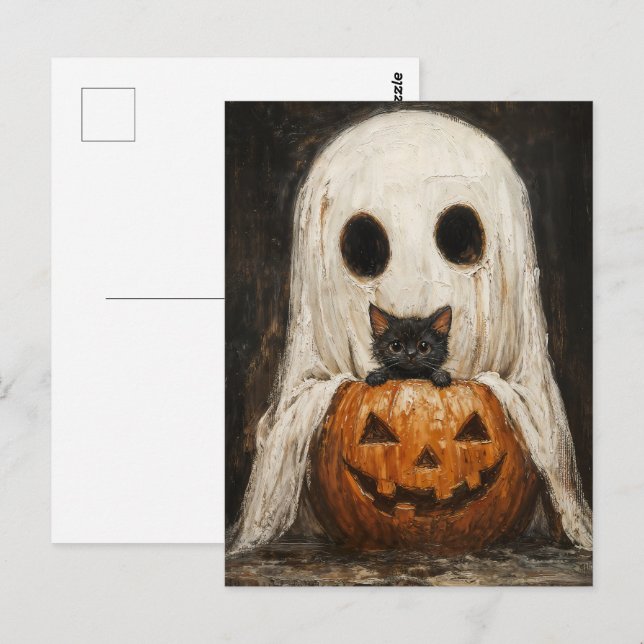 Halloween Black Cat & Ghost - Cute Spooky Postcard (Front/Back)