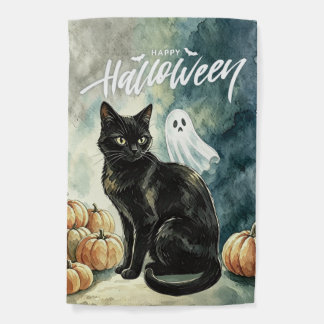 Halloween Black Cat Ghost Watercolor Garden Flag