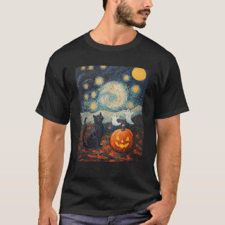 Halloween Black Cat Ghosts Pumpkin Starry Night Va T-Shirt