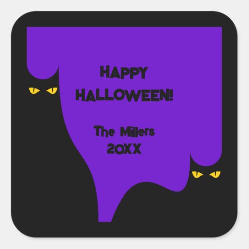 Halloween Black Cat Glowing Eyes Spooky Purple Square Sticker