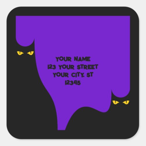 Halloween Black Cat Glowing Eyes Spooky Purple Square Sticker