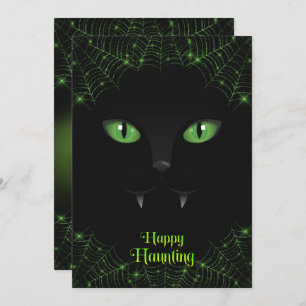 Halloween Black Cat Green Webs Holiday Card
