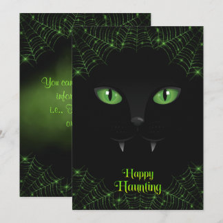 Halloween Black Cat Green Webs Holiday Card