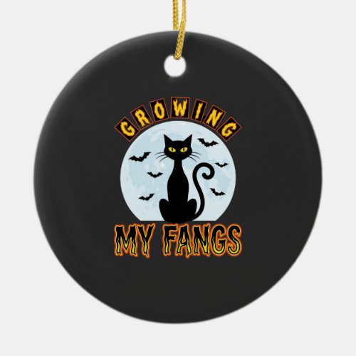 Halloween Black Cat Growing My Fangs Design Ceramic Ornament