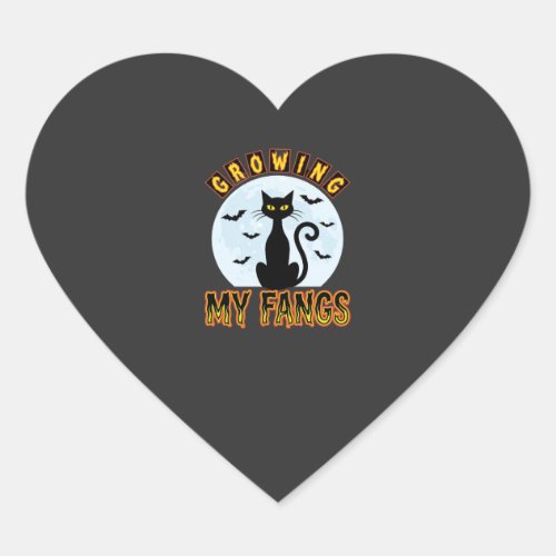 Halloween Black Cat Growing My Fangs Design Heart Sticker