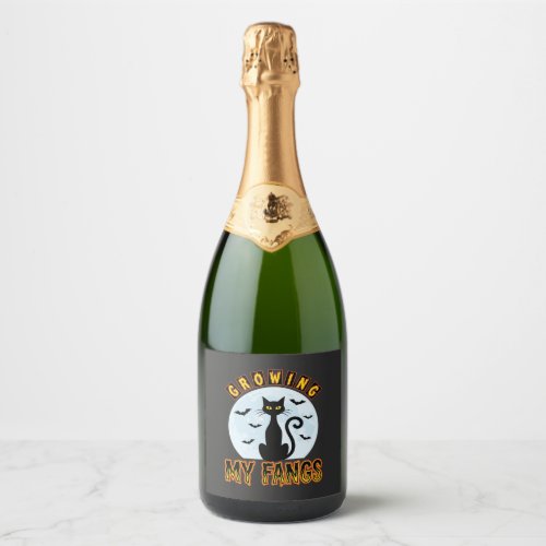 Halloween Black Cat Growing My Fangs Design Sparkling Wine Label