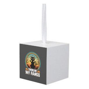 Halloween Black Cat Growling My Fangs Retro Design Cube Ornament