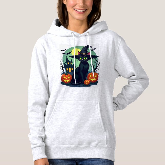 Halloween Black Cat Hat Spooky Cat and Pumpkin Gra Hoodie (Front)