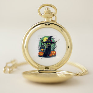 Halloween Black Cat Hat Spooky Cat and Pumpkin Gra Pocket Watch