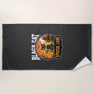 Halloween Black Cat Haunted House Moon Design Beach Towel