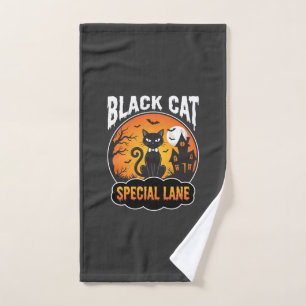 Halloween Black Cat Haunted House Moon Design Hand Towel