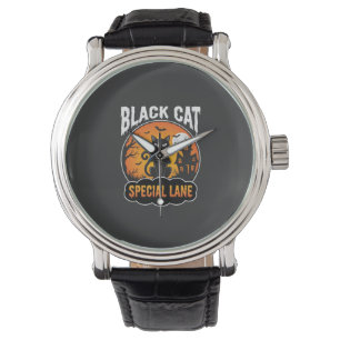 Halloween Black Cat Haunted House Moon Design Watch