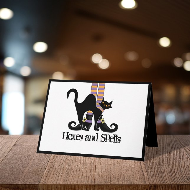 Halloween Black Cat Hexes and Spells Card (Whimsical black cat Halloween card with “Hexes and Spells” design, perfect for fun spooky greetings.)