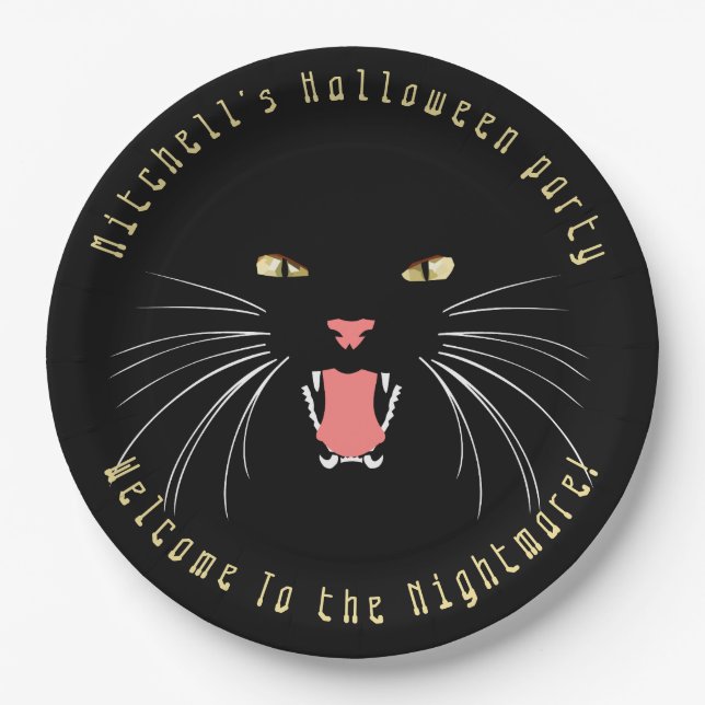 Halloween Black Cat Hissing Fun Slogan Paper Plate (Front)