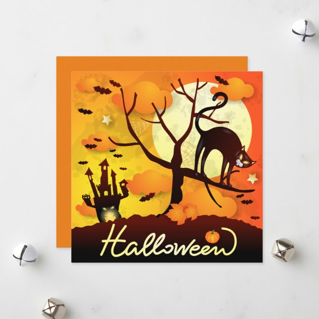 Halloween Black Cat Holiday Card (Front/Back In Situ)