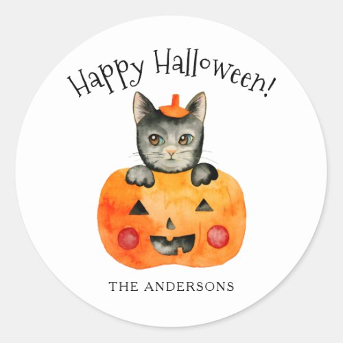 Halloween Black Cat in a Pumpkin  Add Your Name Classic Round Sticker