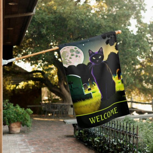 Halloween Black Cat in Cemetery with Moon Welcome  House Flag