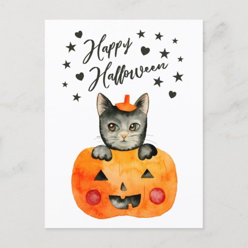 Halloween Black Cat in Jack O Lantern Holiday Postcard