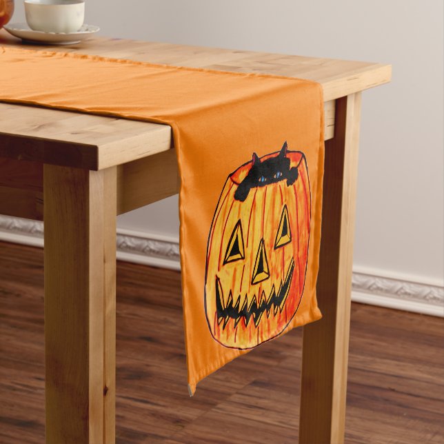 HALLOWEEN BLACK CAT IN PUMPKIN table runner (In Situ)