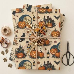 Halloween Black Cat Jack O Lantern Aged Decoupage Wrapping Paper Sheets