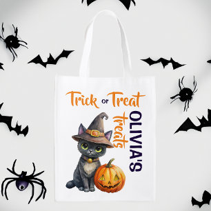 Halloween black cat jack o lantern trick or treat grocery bag