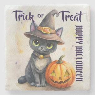 Halloween black cat jack o lantern trick or treat stone coaster